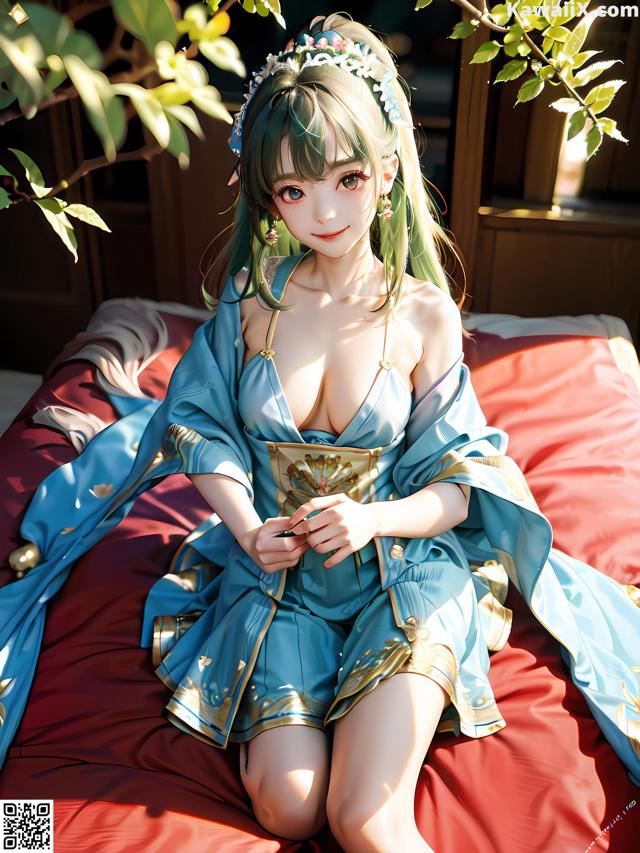 A woman in a blue kimono sitting on a bed.
