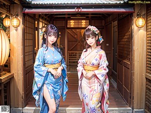 A woman in a blue kimono sitting on a bed.