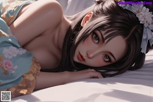 A woman with long black hair and traditional attire sits on a bed, wearing minimal clothing.