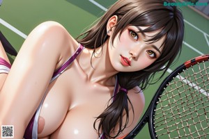 A woman in a white bikini holding a tennis racket.