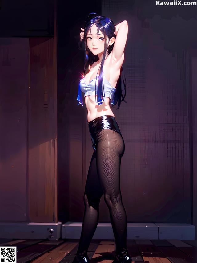 A woman in a blue top and black tights posing for a picture.