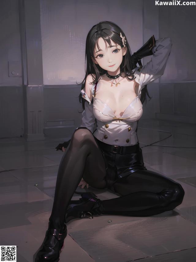 A woman in a white shirt and black pants sitting on the floor.