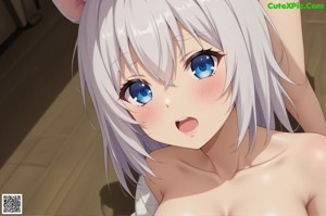 A naked anime girl in a room with a cat on her head.