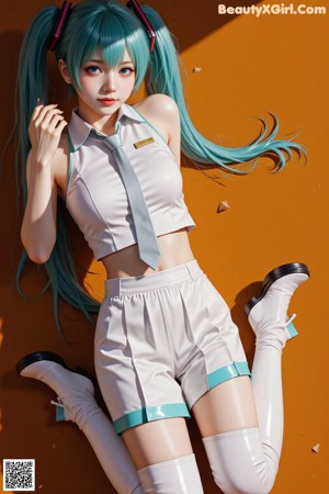 A woman with long green hair leaning against a window.