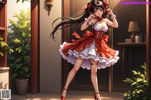 A woman in a red and white dress holding a sword.