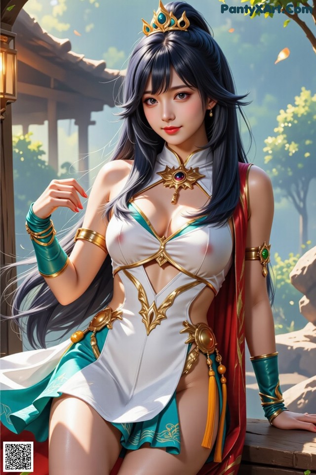 Hentai - Under the Radiance of Celestial Grace Set.2 20250124 Part 3 No.50c476 A woman in a white and green outfit sitting on a bench.