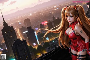 A woman in a red bodysuit standing in the middle of a city.