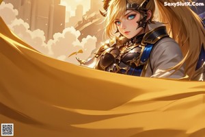 A woman in a blue and gold outfit holding a sword.