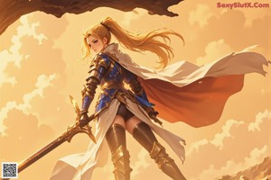 A woman in armor holding a sword in her hand.