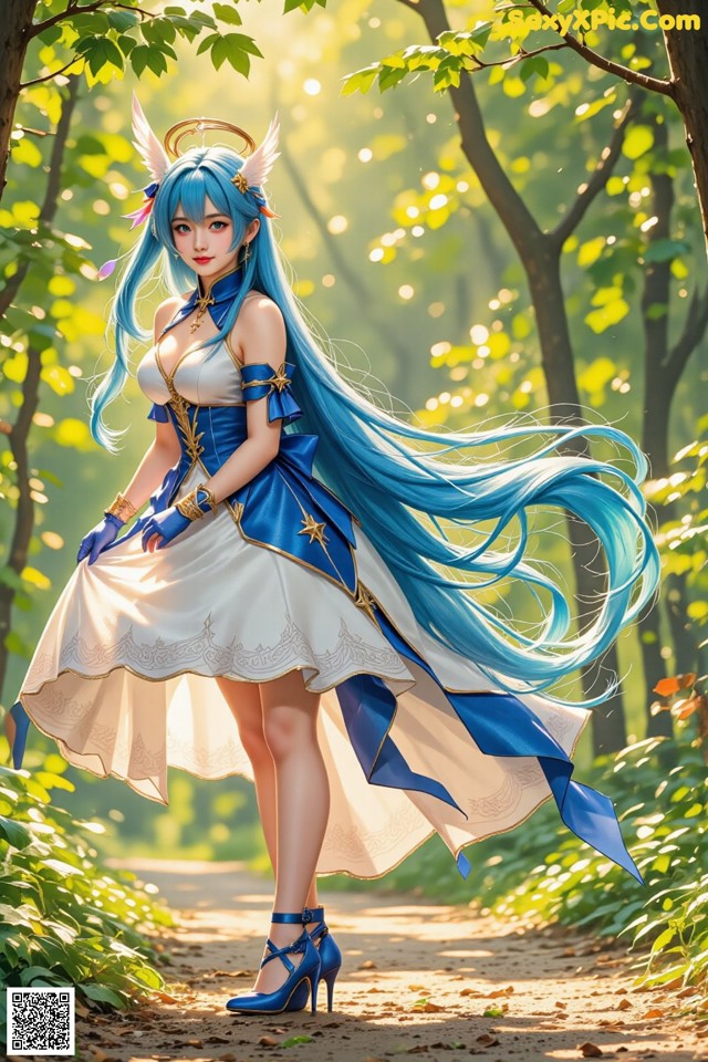 A woman with long blue hair standing in the woods.