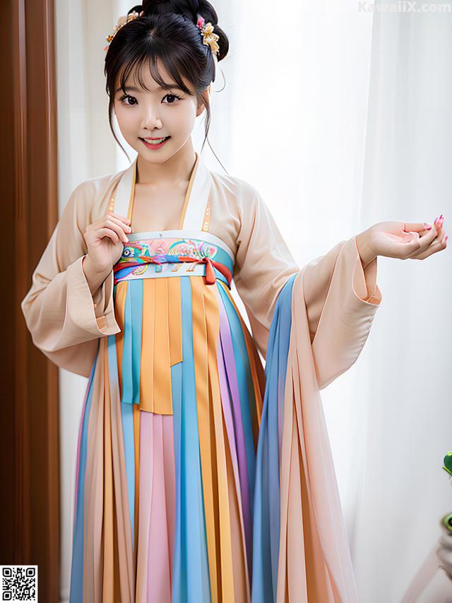 A woman in a colorful dress standing in front of a window.