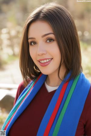 A woman in a red top and black shorts posing for a picture.