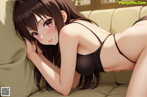 A naked anime girl sitting on a bed.