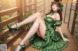 A girl in a green dress and white stockings standing on a sidewalk.