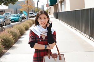 a woman in a red and black plaid shirt and black stockings