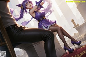 A woman in a purple dress sitting on a chair.