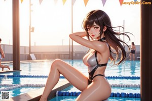 A woman in a black bikini standing next to a pool.