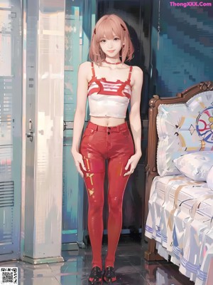 A woman with green hair is leaning against a curtain.