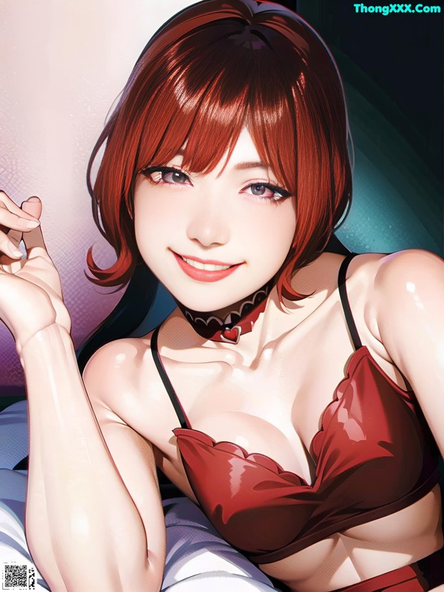 A woman in a red lingerie laying on a bed.