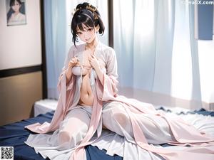 A woman in a white kimono holding a piece of paper.