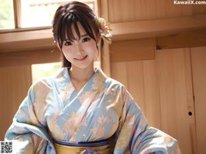 A woman in a pink kimono standing next to a tree.