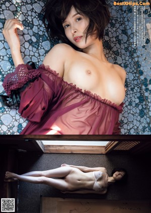 A collage of photos of a woman laying on a bed.