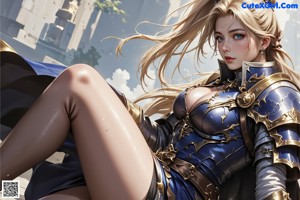 A close up of a woman in a blue and gold outfit.
