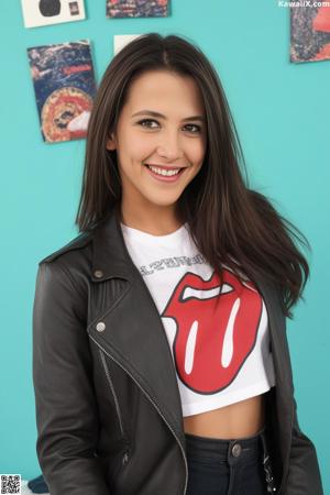 A woman in a white tank top posing for a picture.
