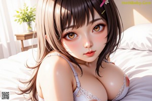 A woman in white lingerie poses on a pink couch with flowers and sunlight.