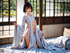 A woman in a white kimono sitting on the floor.