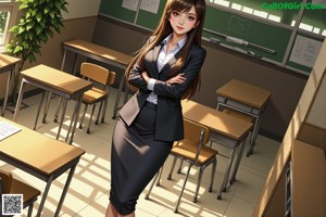 A woman sitting at a desk in a classroom.