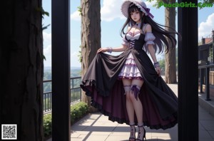 A woman in a dress standing in front of a door.