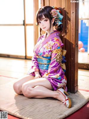 A woman in a kimono standing in front of a door.