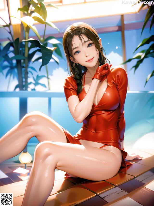 A woman in a red dress sitting on a tiled floor.