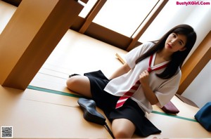 A woman in a white shirt and red tie leaning against a wall.