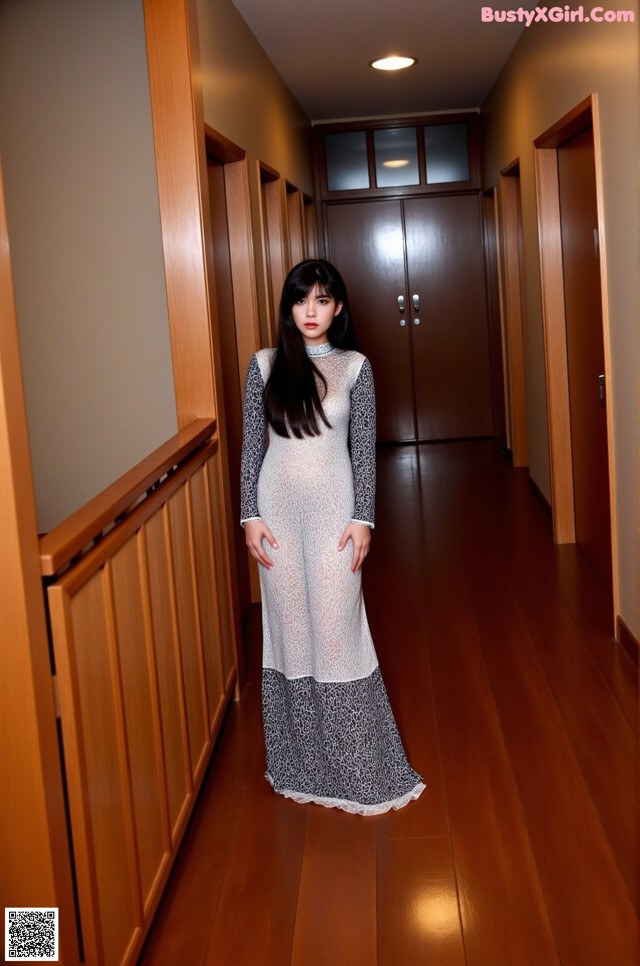 A woman in a long dress standing in a hallway.