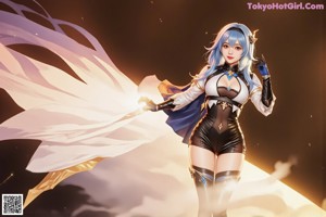 A woman with long blue hair holding a sword.