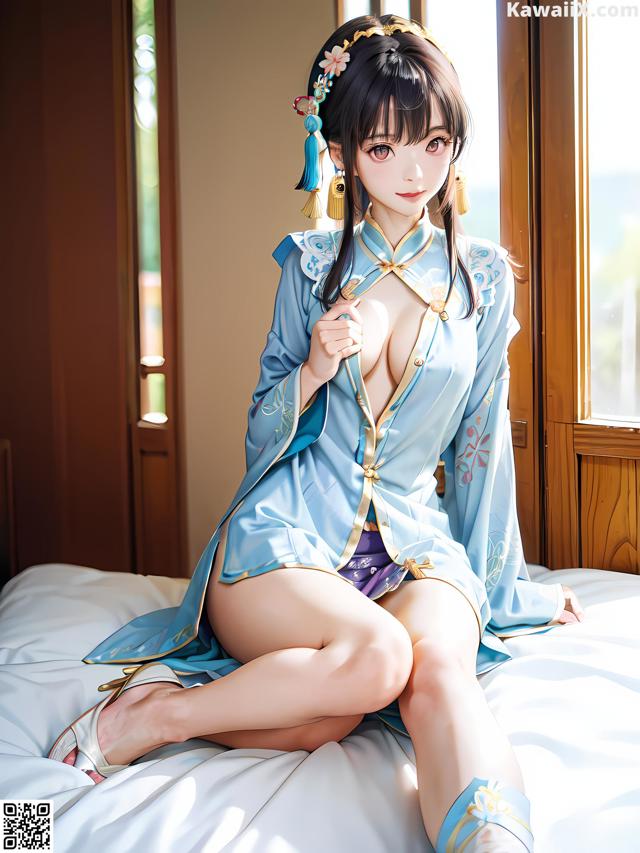 A woman in a blue kimono sitting on a bed.