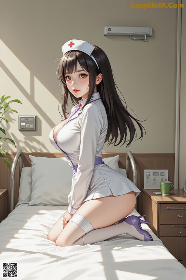 A woman in a nurse uniform sitting on a bed.