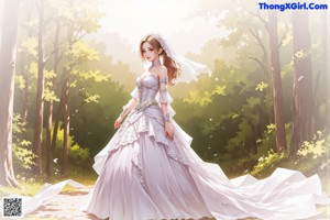 A woman in a wedding dress standing in the woods.