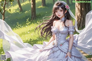 A woman in a wedding dress standing in the woods.