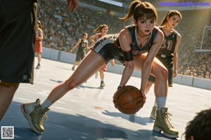 A woman in a red uniform dribbling a basketball on a court.