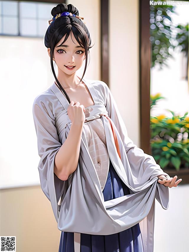 A woman in a blue and white kimono standing in front of a window.