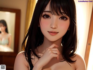 A naked asian woman posing in front of a window.
