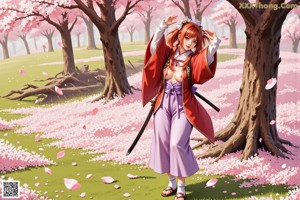 A woman in traditional attire holds a sword amidst cherry blossoms.