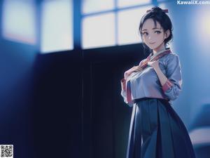 A woman in a korean dress standing in front of a window.