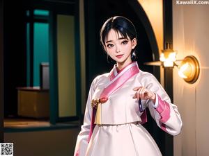 A woman in a korean dress standing in front of a window.