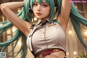A woman with long green hair sitting on a bed.