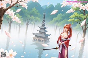 A woman in a red kimono stands with a katana, cherry blossoms in the background.